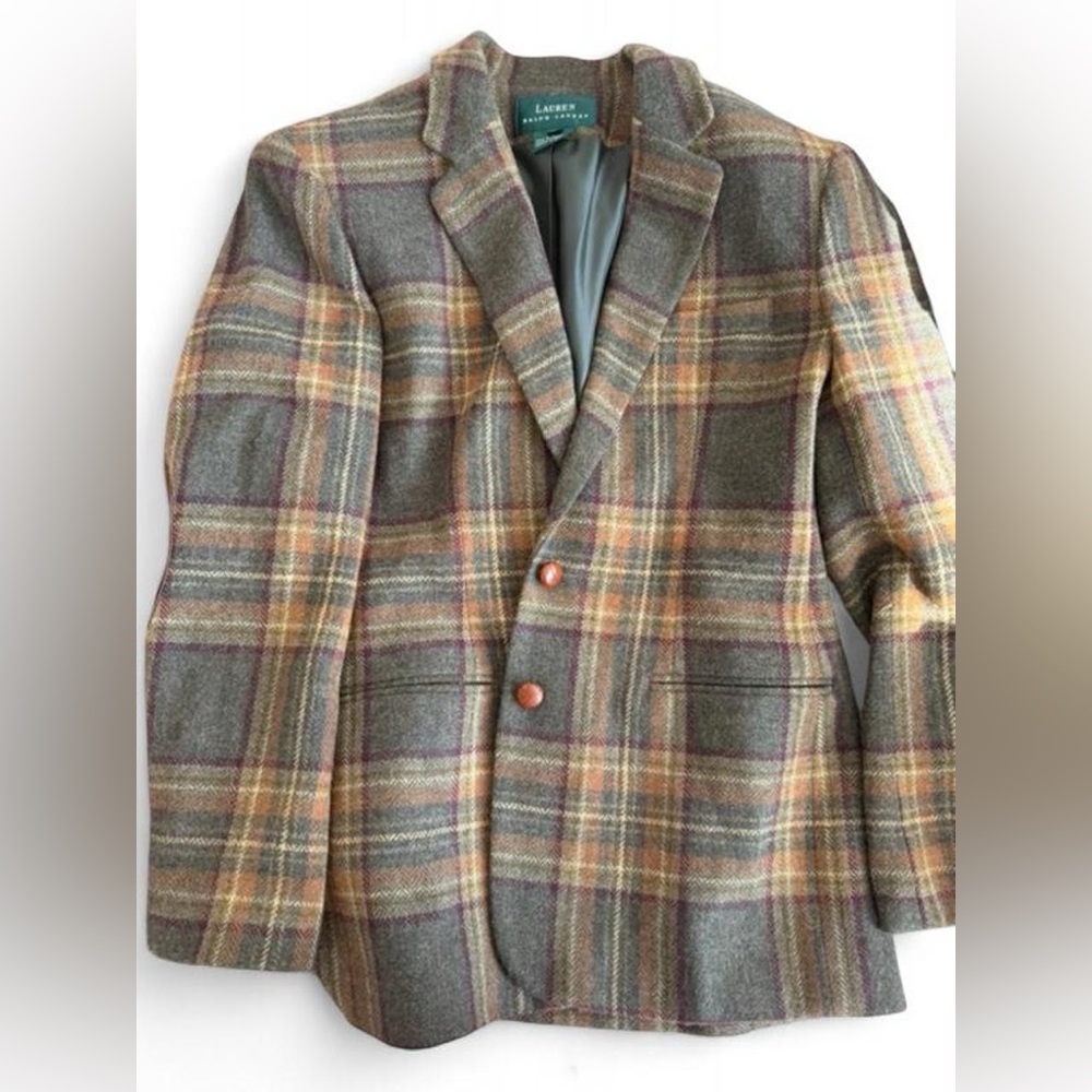 Lauren Ralph Lauren Vintage Plaid 
Preppy Multi Color Suede Elbow Gusset Blazer
